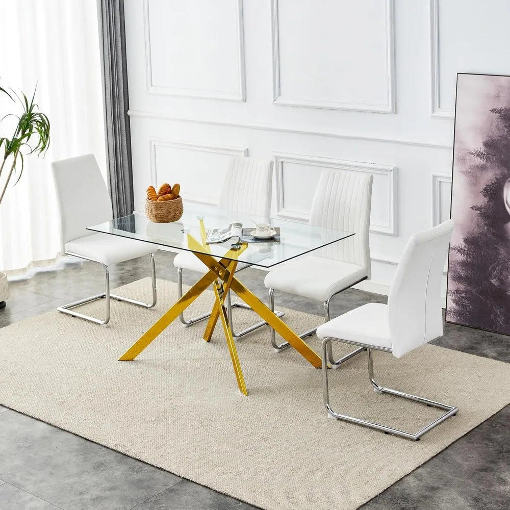 51.18" Rectangular Glass Dining Table, Tempered Glass Kitchen Tabe with Metal Legs, Stylish and Sturdy Dinner Table for Home and
