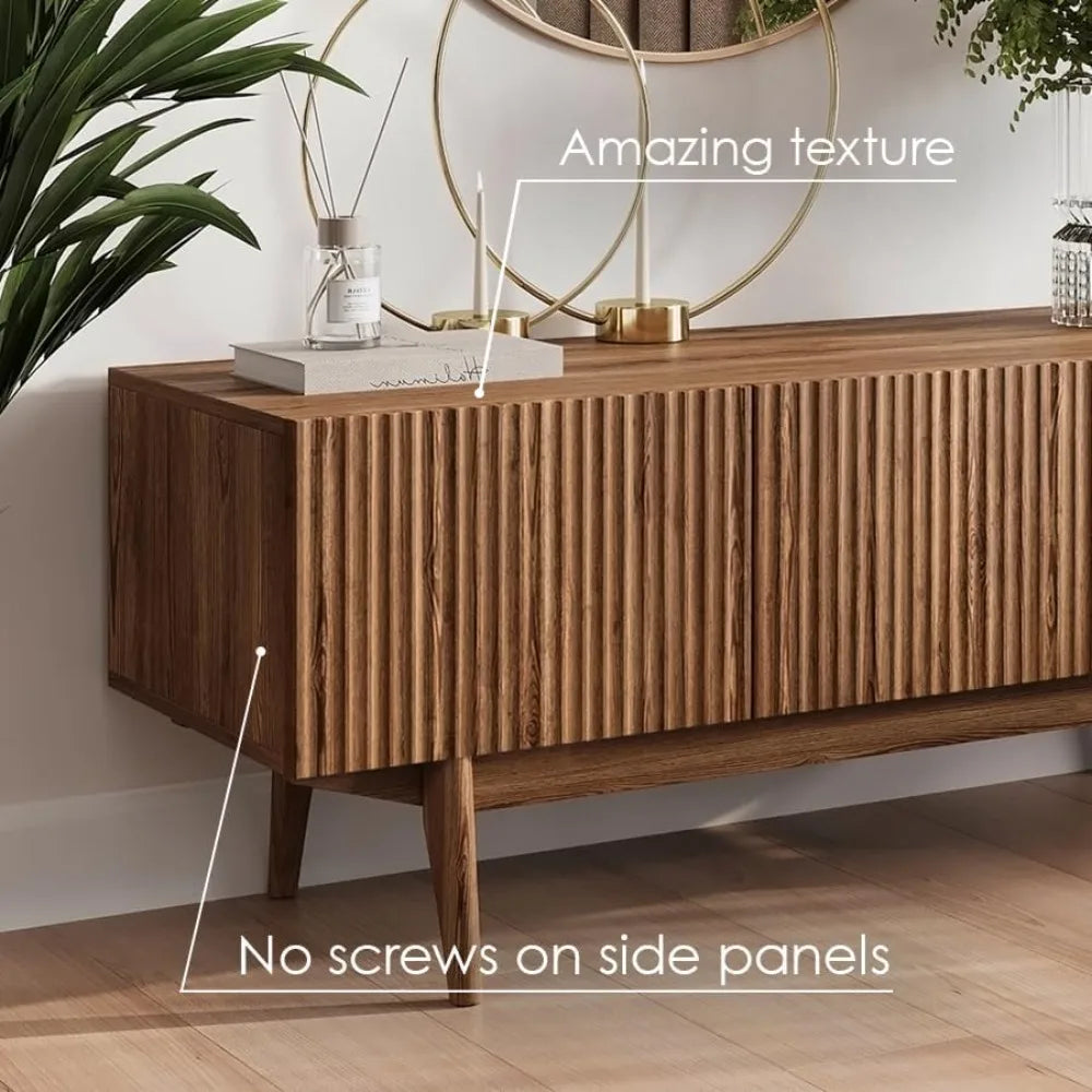 "Scandinavian TV Stand - Fluted Design with Wood Legs, Fits 50-70" TVs, Modern Media Console"