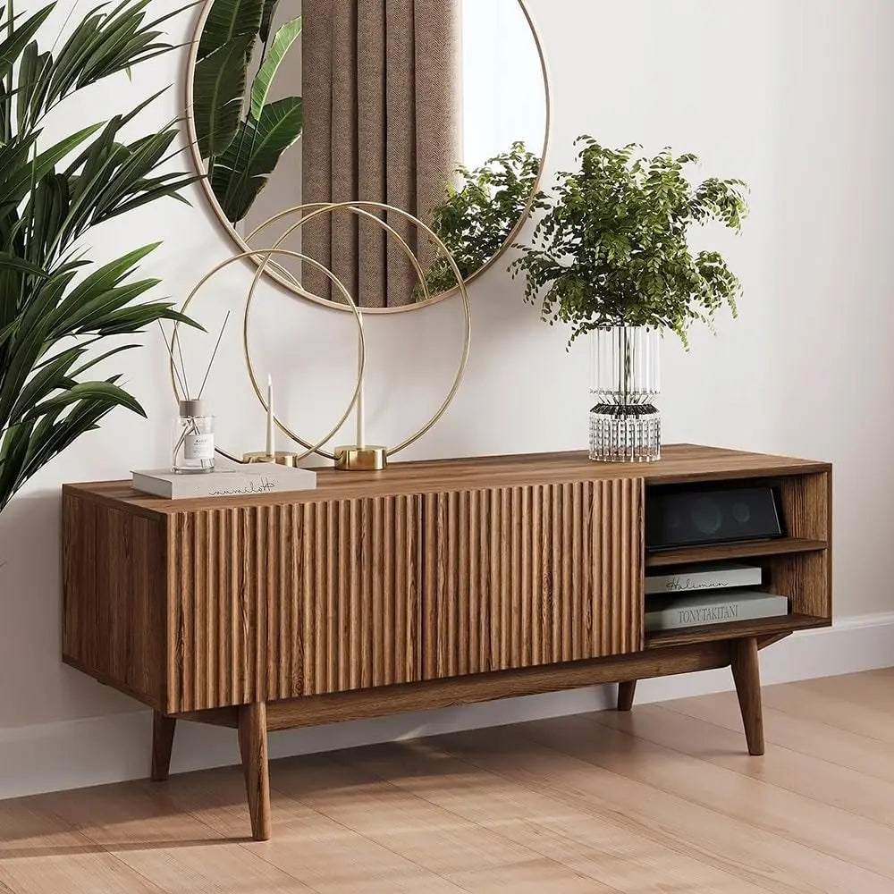 "Scandinavian TV Stand - Fluted Design with Wood Legs, Fits 50-70" TVs, Modern Media Console"