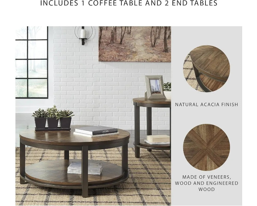 Rustic Round 3-Piece Coffee Table Set with Fixed Shelf, Light Brown Farmhouse Style Living Room Furniture