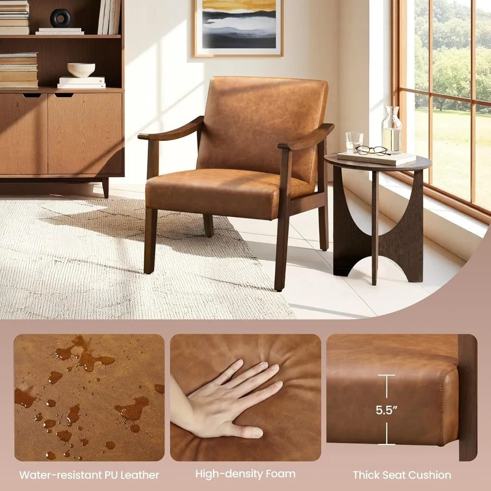 PU Leather Accent Chair, Mid-Century Modern Armchair with Solid Wood Legs, Reading Leisure Chair with High Back for Living Room